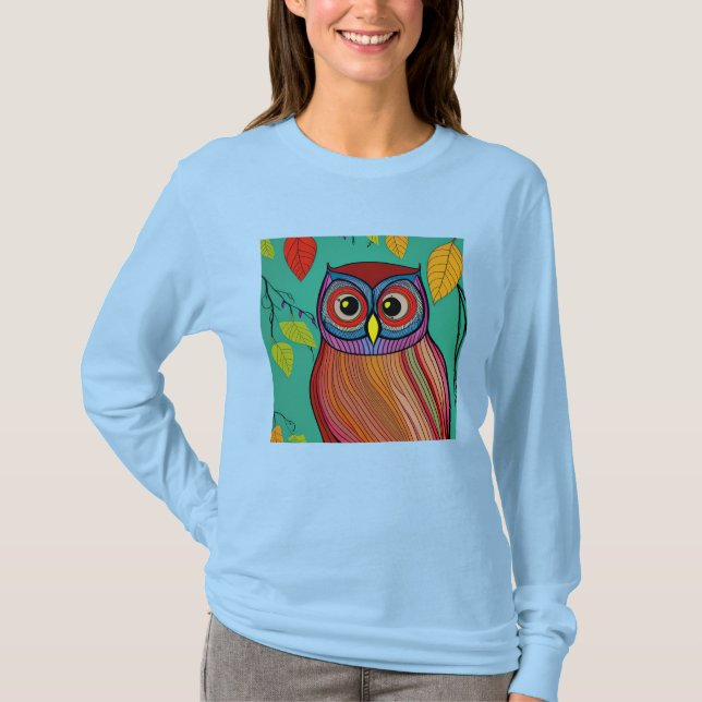 Quirky Colorful Folk Art Abstract Owl T-Shirt (Front)
