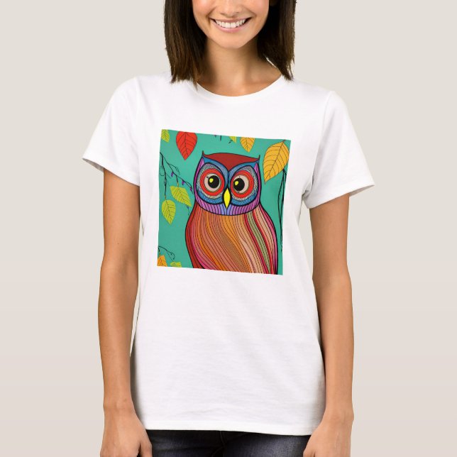 Quirky Colorful Folk Art Abstract Owl T-Shirt (Front)