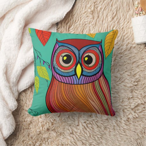 Quirky Colorful Folk Art Abstract Owl Throw Pillow