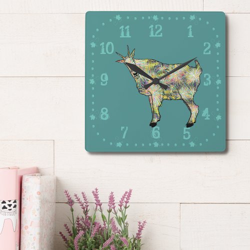 Quirky Colorful Funky Goat Funny Animal Art Green Square Wall Clock