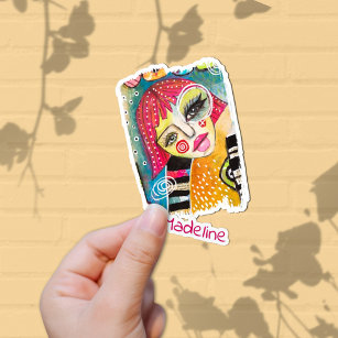 Quirky Colorful Girl Whimsical Pink Hair Add Name Sticker