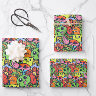 Quirky Colorful Kawaii Character Pattern Wrapping Paper Sheets