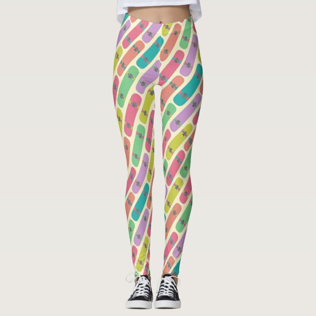 Quirky Colorful Skateboard Pattern Leggings (Front)