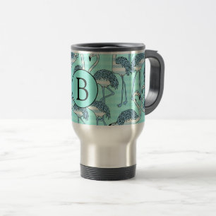 Quirky Cool Striped Blue Flamingo Pattern Monogram Travel Mug