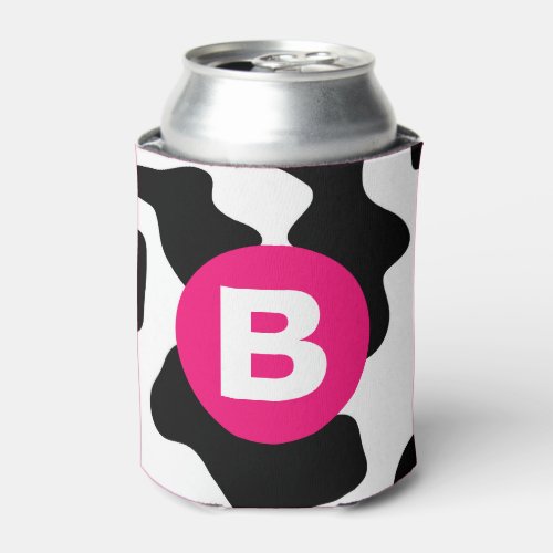 Quirky Cow Patch Pattern Pink Monogram Can Cooler