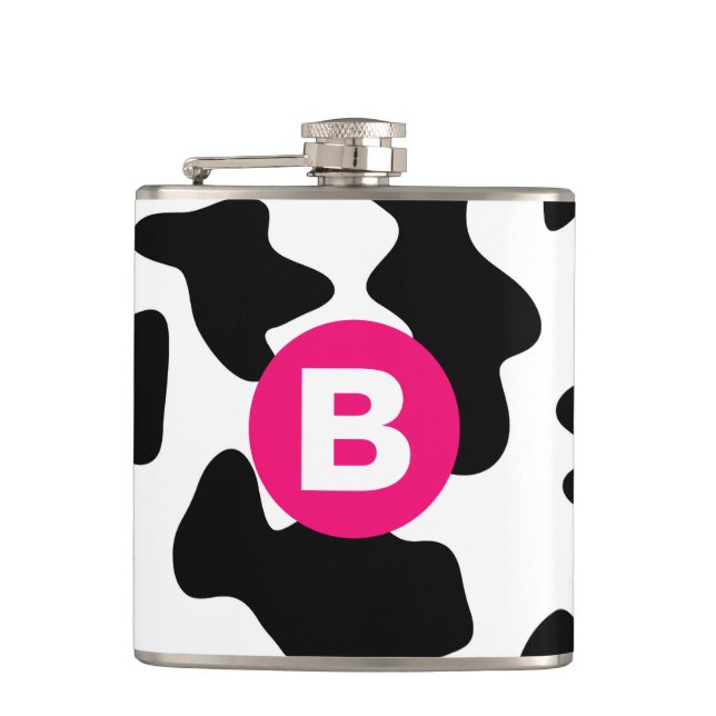 Quirky Cow Patch Pattern Pink Monogram Flask (Front)