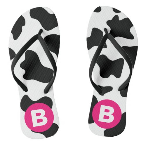 Quirky Cow Patch Pattern Pink Monogram Flip Flops