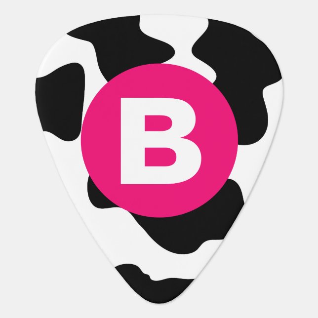 Quirky Cow Patch Pattern Pink Monogram Guitar Pick (Front)