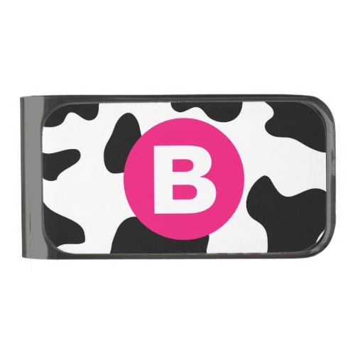 Quirky Cow Patch Pattern Pink Monogram Gunmetal Finish Money Clip