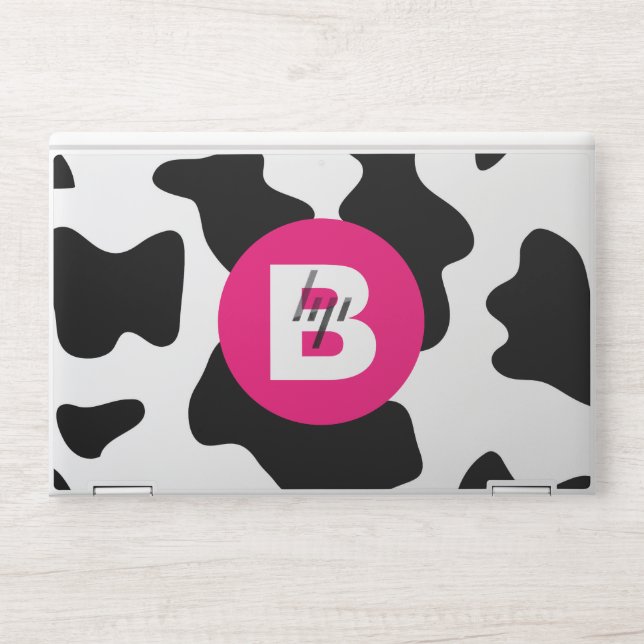 Quirky Cow Patch Pattern Pink Monogram HP Laptop Skin (Front)