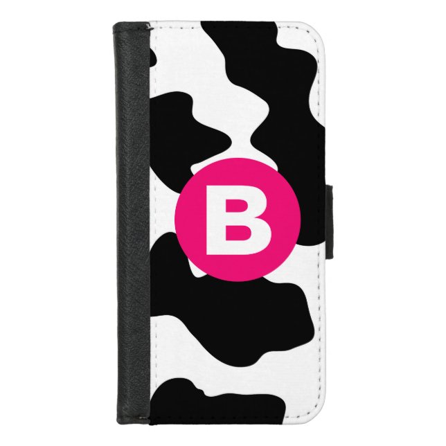 Quirky Cow Patch Pattern Pink Monogram iPhone Wallet Case (Front)