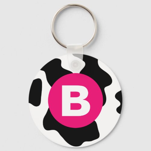 Quirky Cow Patch Pattern Pink Monogram Keychain