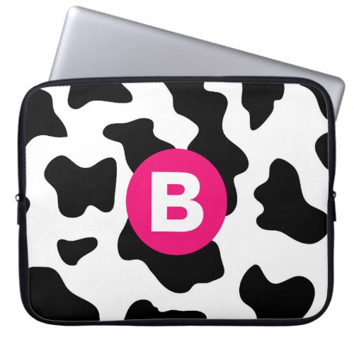 Quirky Cow Patch Pattern Pink Monogram Laptop Sleeve