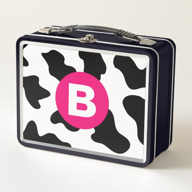 Quirky Cow Patch Pattern Pink Monogram Metal Lunch Box (Front)