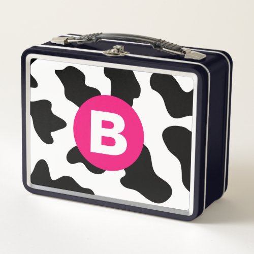 Quirky Cow Patch Pattern Pink Monogram Metal Lunch Box