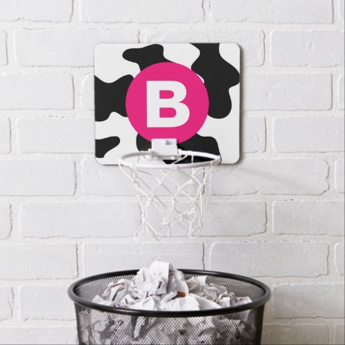 Quirky Cow Patch Pattern Pink Monogram Mini Basketball Hoop