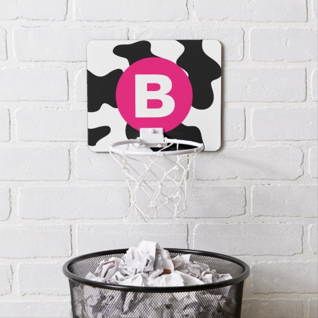 Quirky Cow Patch Pattern Pink Monogram Mini Basketball Hoop (In Situ)
