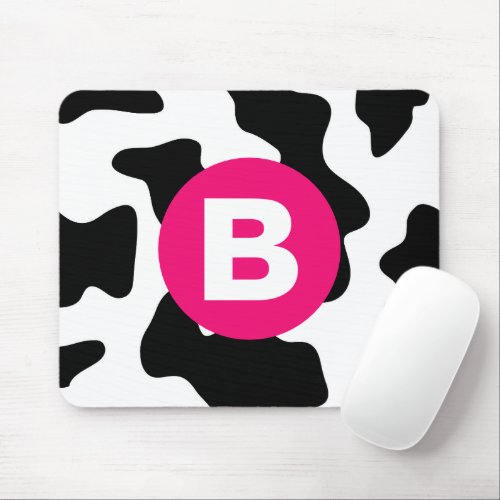Quirky Cow Patch Pattern Pink Monogram Mouse Pad