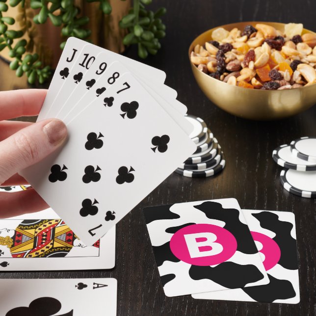 Quirky Cow Patch Pattern Pink Monogram Poker Cards (In Situ)