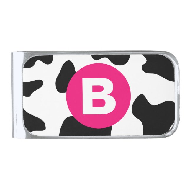 Quirky Cow Patch Pattern Pink Monogram Silver Finish Money Clip (Front)