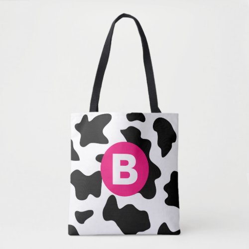 Quirky Cow Patch Pattern Pink Monogram Tote Bag