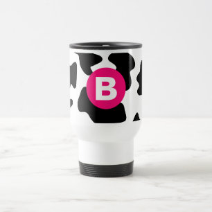 Quirky Cow Patch Pattern Pink Monogram Travel Mug