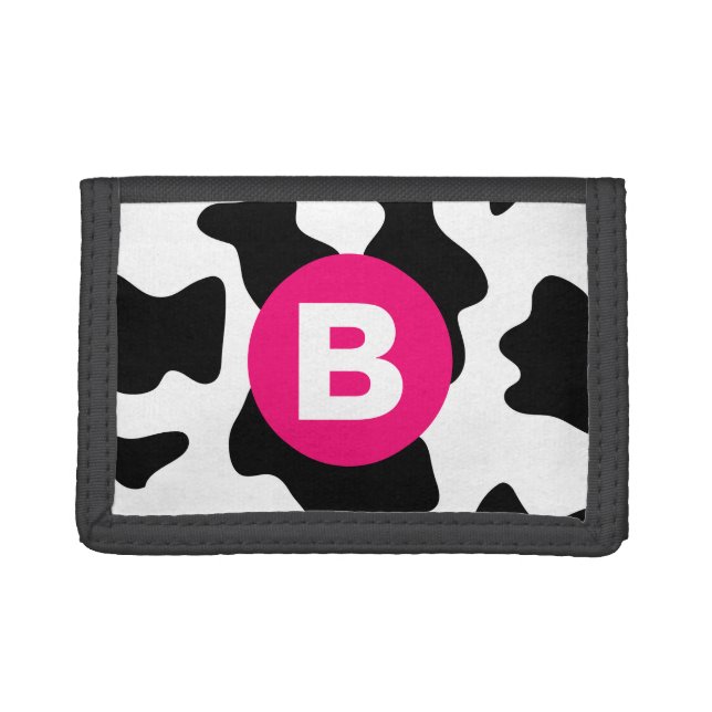 Quirky Cow Patch Pattern Pink Monogram Trifold Wallet (Front)