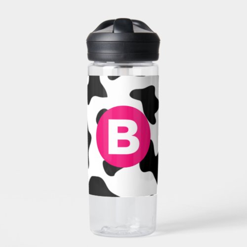 Quirky Cow Patch Pattern Pink Monogram Water Bottle