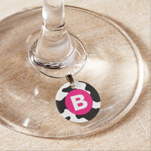 Quirky Cow Patch Pattern Pink Monogram Wine Charm