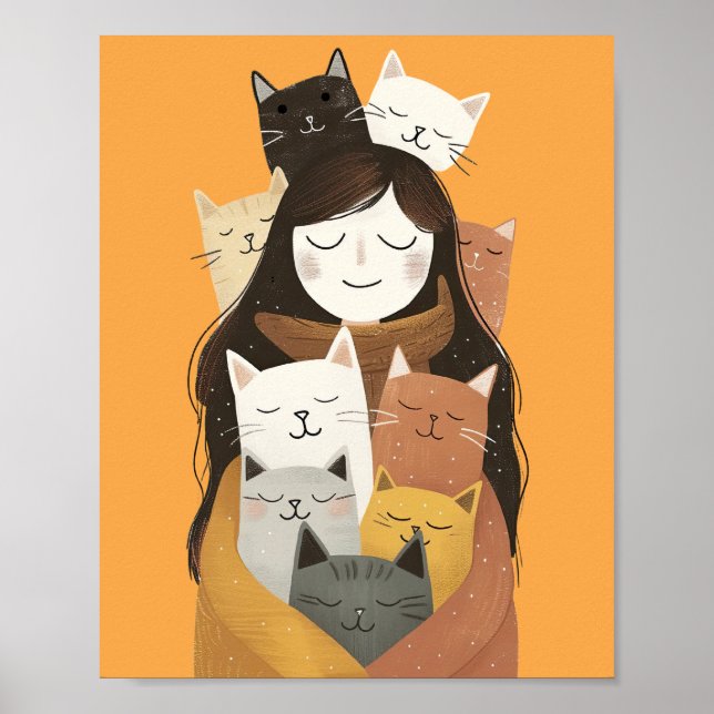 Quirky Crazy Cat Lady with Cute Cats Yellow Poster (Front)