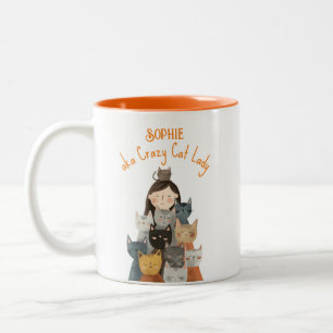 Quirky Crazy Cat Lady with Name Funny Two-Tone Coffee Mug