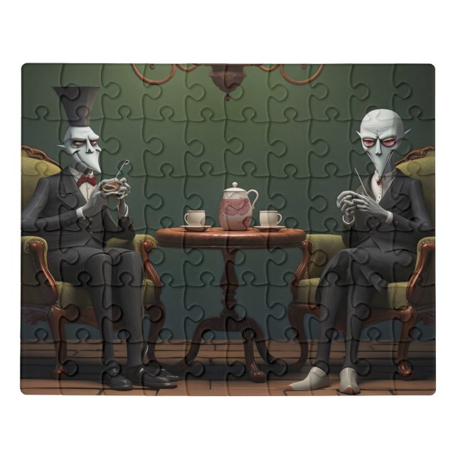 Quirky Creepy twisted tea drinking gentlemen Jigsaw Puzzle (Puzzle Horizontal)