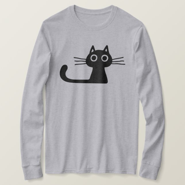 Quirky Cute Black Kitty Cat with Long Whiskers T-Shirt (Design Front)