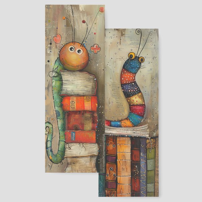 Quirky Cute Bookworm Illustration Two-sided Bookmarks (Front & Back)