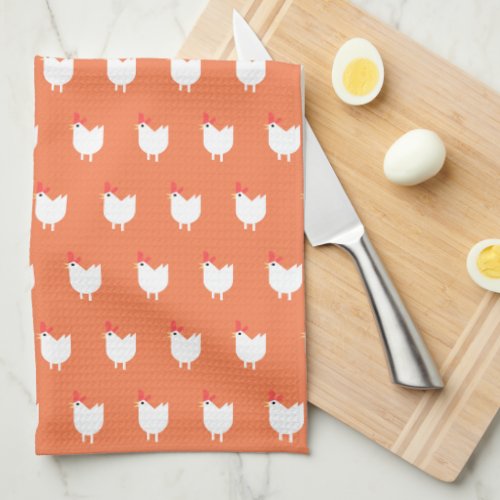 Quirky Cute Chicken Pattern Orange Kitchen Towel