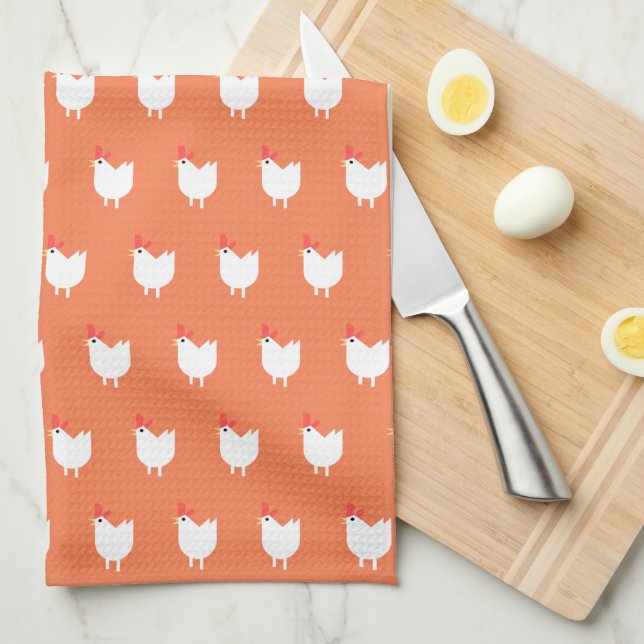 Quirky Cute Chicken Pattern Orange Kitchen Towel (Quarter Fold)