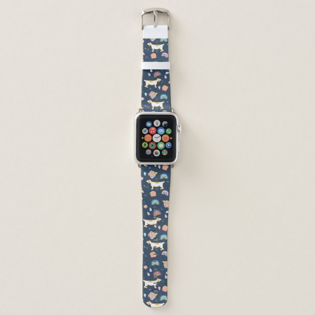 Quirky Cute Dog and Rainbow Pattern Blue Apple Watch Band (Front)
