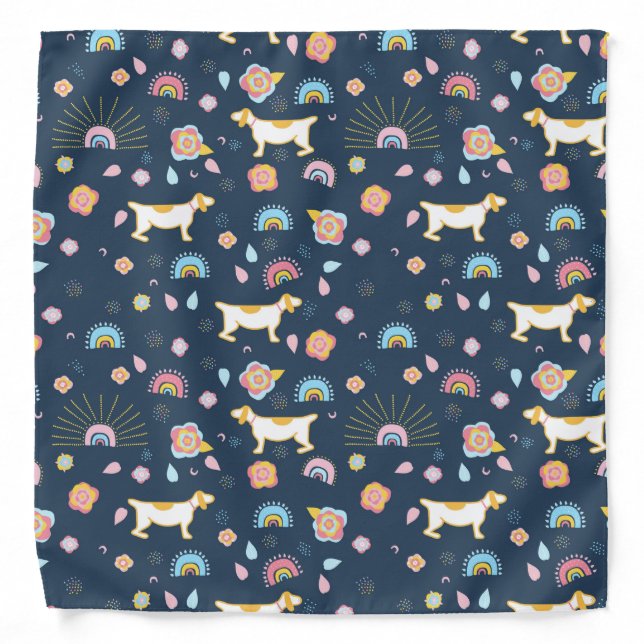 Quirky Cute Dog and Rainbow Pattern Blue Bandana (Front)