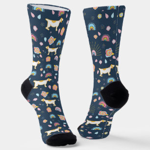 Quirky Cute Dog and Rainbow Pattern Blue Socks