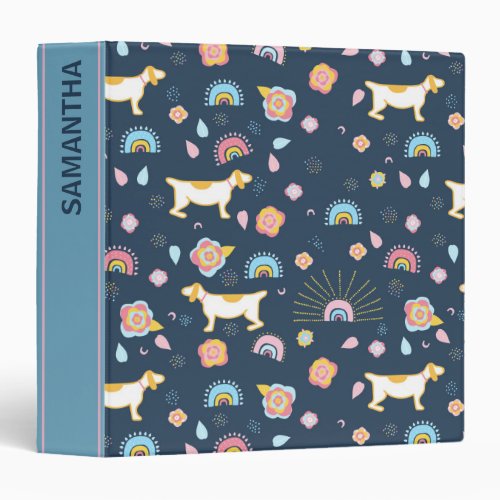 Quirky Cute Dog Rainbow Pattern Blue Personalised 3 Ring Binder