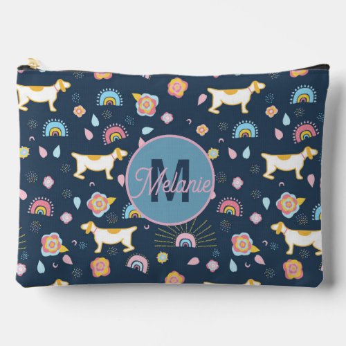 Quirky Cute Dog Rainbow Pattern Blue Personalised Accessory Pouch