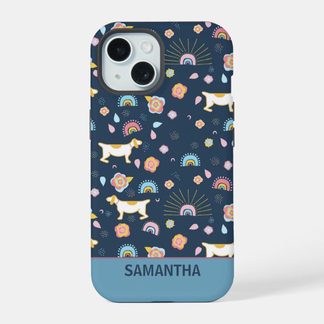 Quirky Cute Dog Rainbow Pattern Blue Personalised Iphone Case (Back)