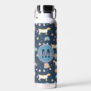 Quirky Cute Dog Rainbow Pattern Blue Personalised Water Bottle