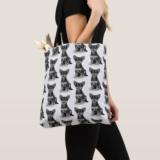 Quirky Cute Fluffy Chihuahua Puppy Pattern Tote Bag (Close Up)