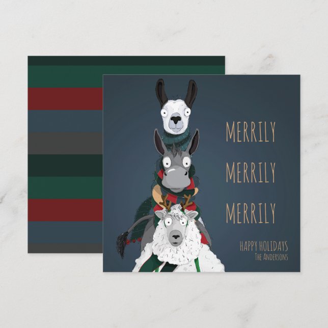 Quirky Cute Funny “Merrily Merrily Merrily” Blue Holiday Card (Front/Back)
