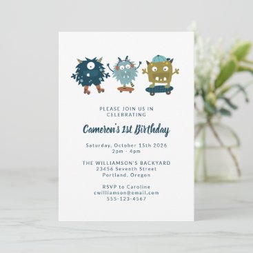 Quirky Cute Skateboard Monsters 1st Birthday Party Invitation