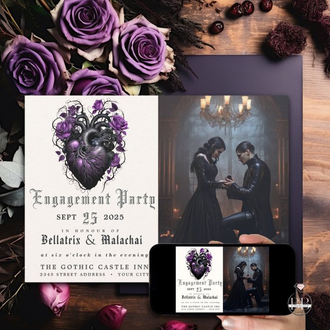 Quirky Deep Purple Goth Heart And Roses  Invitation (Creator Uploaded)