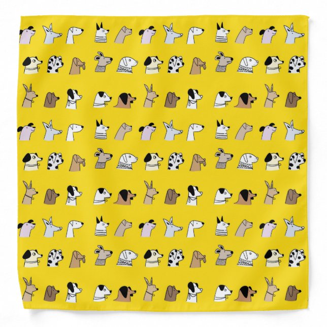 Quirky Dog Illustrated Pattern Yellow Bandana (Front)