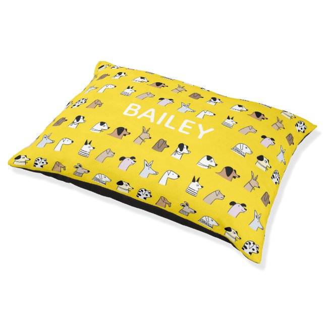 Quirky Dog Illustrated Pattern Yellow Personalised Pet Bed (Angled)
