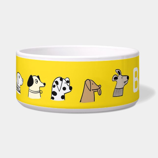 Quirky Dog Profile Pattern Yellow Personalised Bowl (Left)